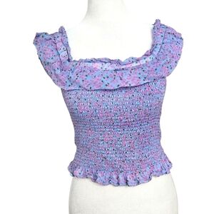 FLETCH Ditsy Floral Ruffle Smocked Top Purple. On/off Shoulder. Size Medium